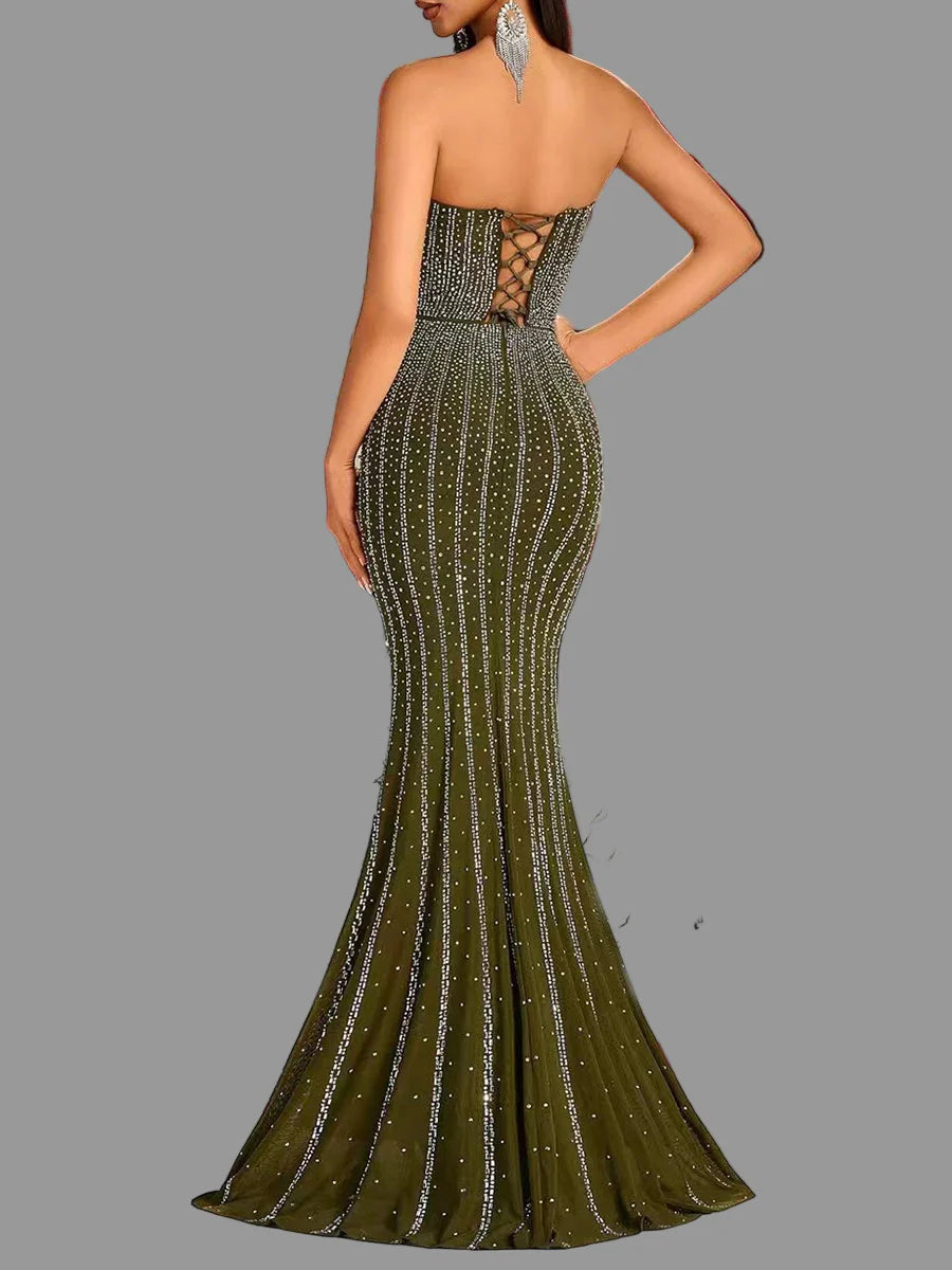 Sequin Beaded Strapless Lace-Up Maxi Gown