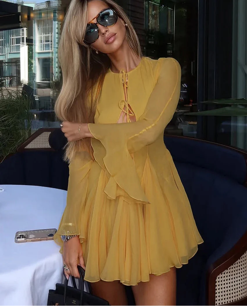 Yellow Ruffle Tie-Up Mini Dress | Flowy Bell Sleeve Empire Silhouette