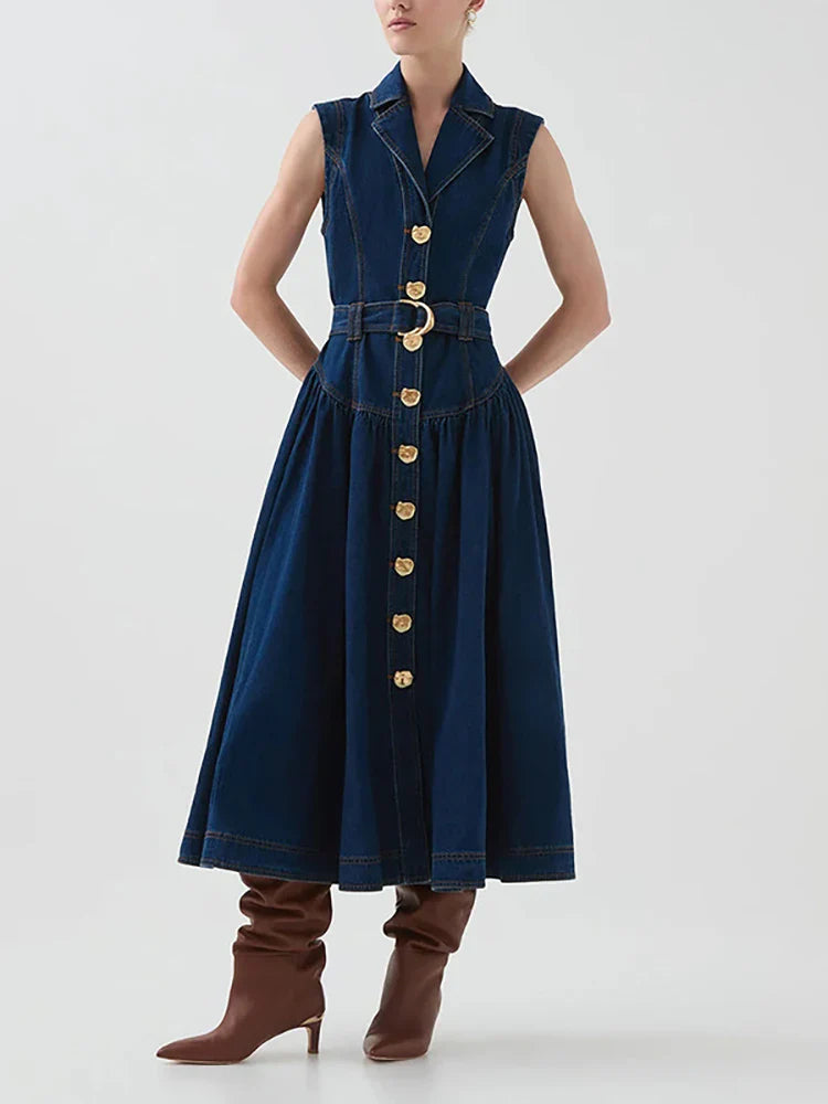 Sleeveless Navy Belted Midi Dress | Chic Gold Button Detail