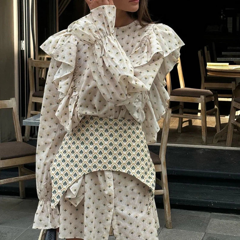 Ruffle Waist Mini Dress | Soft Bloom Print with Flared Sleeves