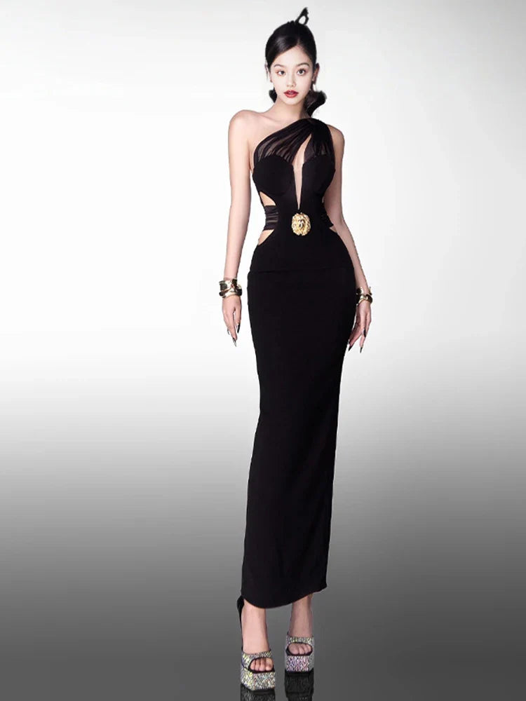 Black Asymmetric Cut-Out Gown | Sleek One-Shoulder Statement