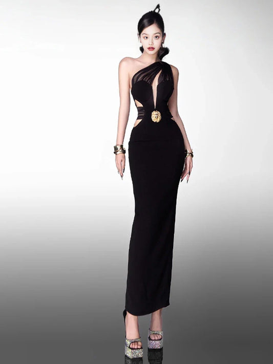 Black Asymmetric Cut-Out Gown | Sleek One-Shoulder Statement