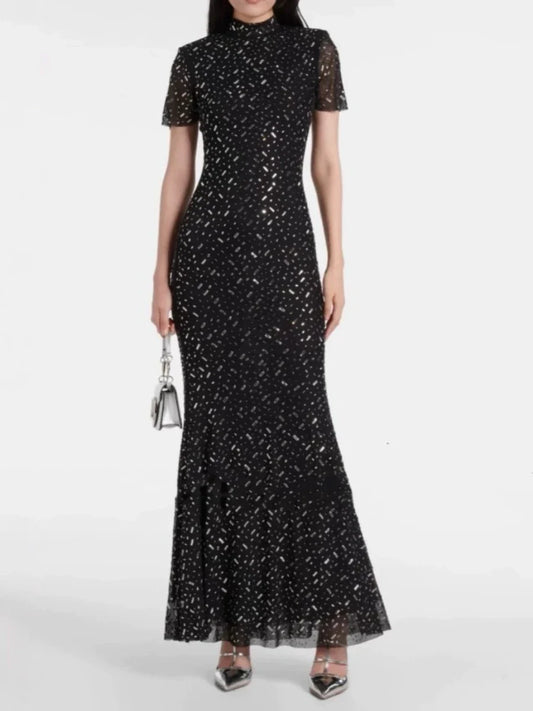 Black Beaded Sheath Dress | Elegant Short Sleeve Gown
