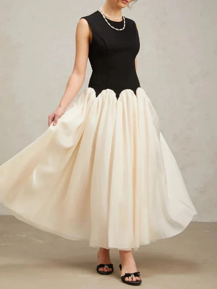 Black Beige Color Block Patchwork Dress | O Neck A-Line Gown