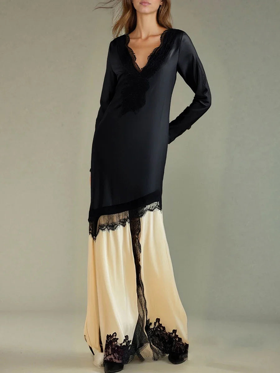 Black & Beige Patchwork Lace Dress | Elegant Ankle-Length Gown