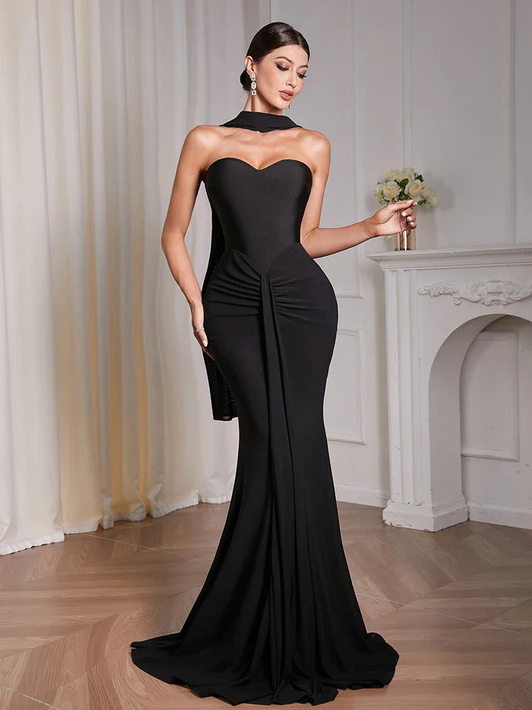 Black Strapless Draped Patchwork Maxi Dress