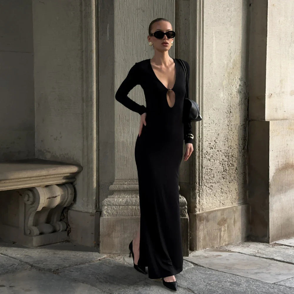 Black Cutout Sheath Maxi Dress | Long Sleeve Ankle-Length Glam