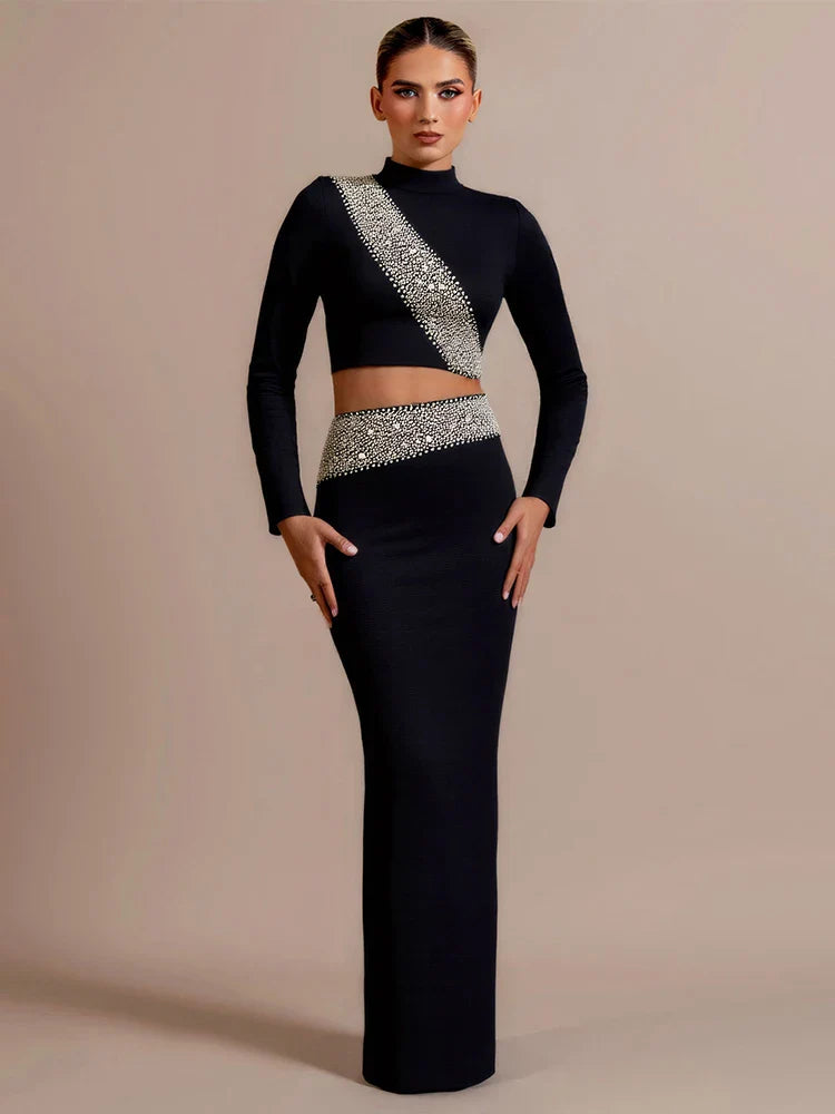 Black Diamond Two-Piece Set | Beaded Top & Long Bandage Skirt