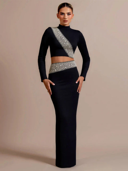 Black Diamond Two-Piece Set | Beaded Top & Long Bandage Skirt