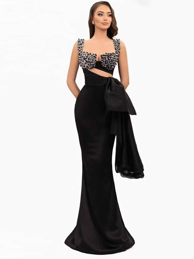 Black Embroidered Bow Gown | Modern Spaghetti Strap Evening