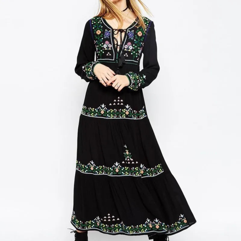 Black Embroidered Maxi Dress | Boho Folk Ankle-Length Gown