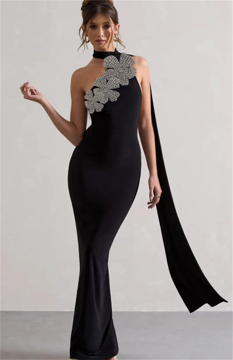 Black Floral Embellished Gown | High Neck Formal Evening Dress
