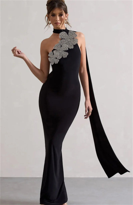 Black Floral Embellished Gown | High Neck Formal Evening Dress
