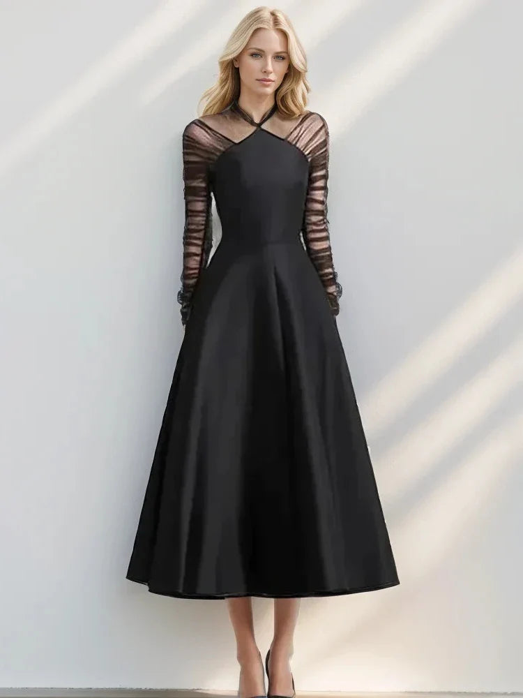 Black Halter Neck Mesh Dress | Long Sleeve A-Line Gown