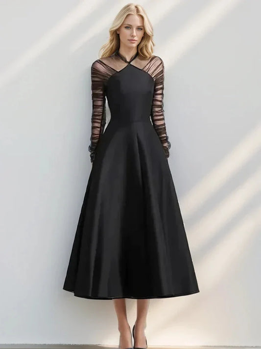 Black Halter Neck Mesh Dress | Long Sleeve A-Line Gown