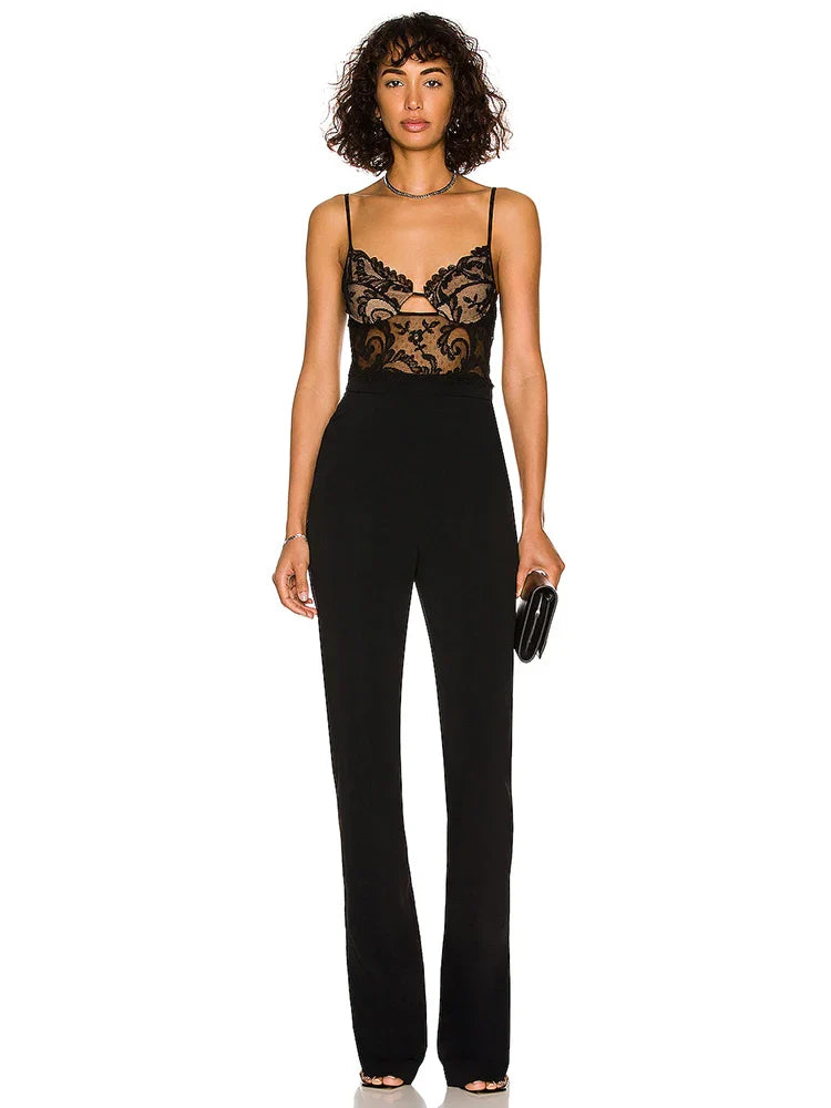 Black lace bandage bodycon jumpsuit styled for club parties