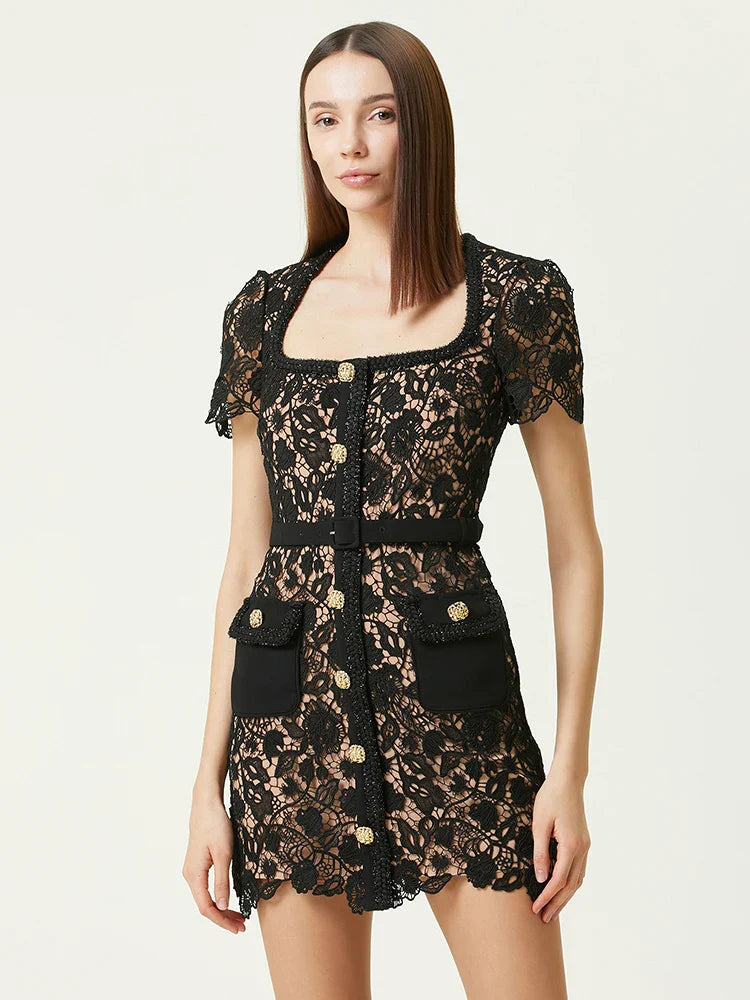 Black Lace Mini Dress | Square Neck Casual Patchwork Chic