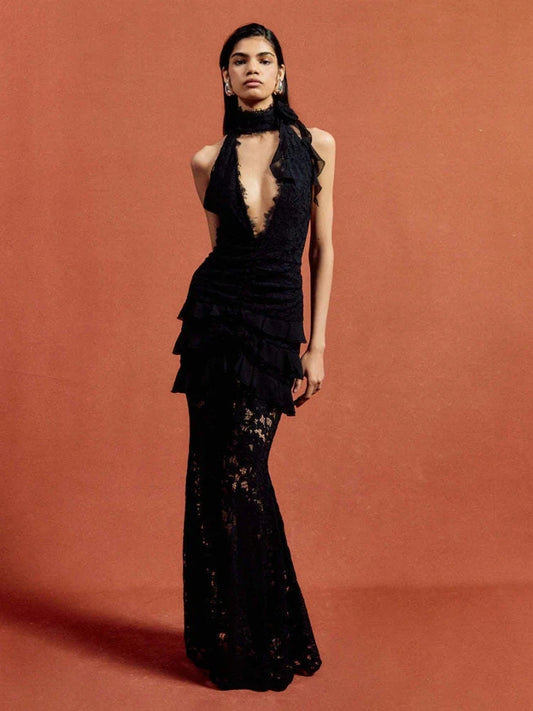 Black Lace Tiered Gown | Dramatic Evening Elegance