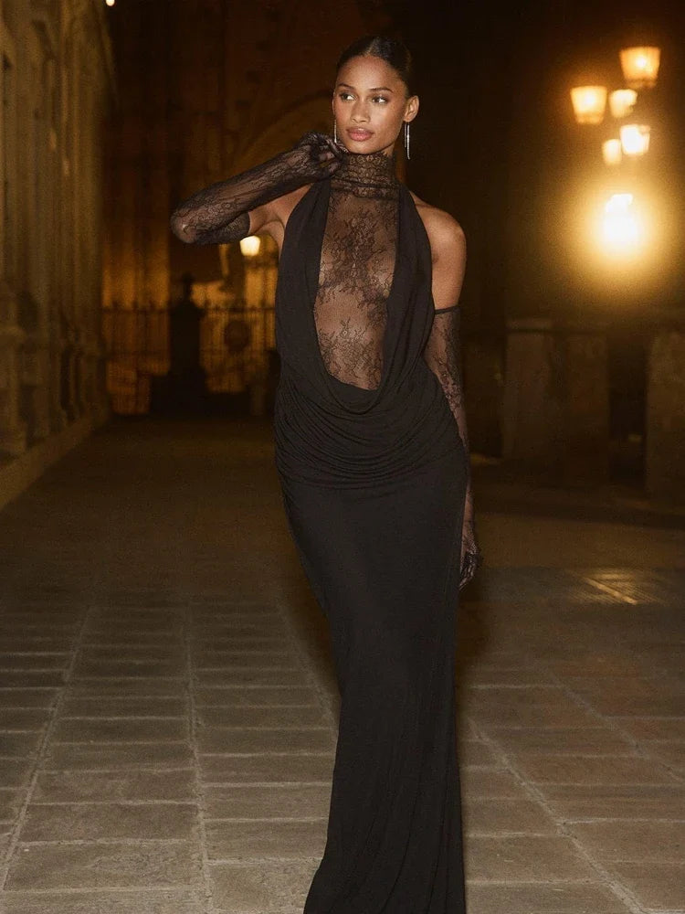 Black Lace Patchwork Turtleneck Long Dress with Gloves | Sheer Backless Evening Gown