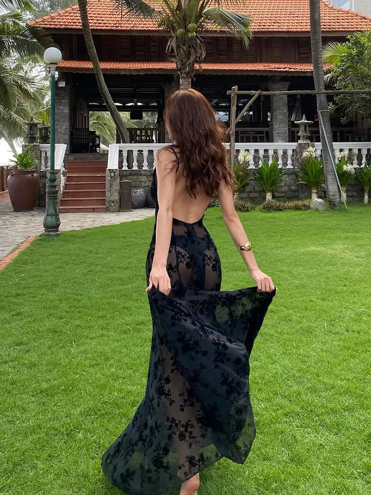 Sheer Black Lace Up Maxi Dress | Floral See-Through Statement