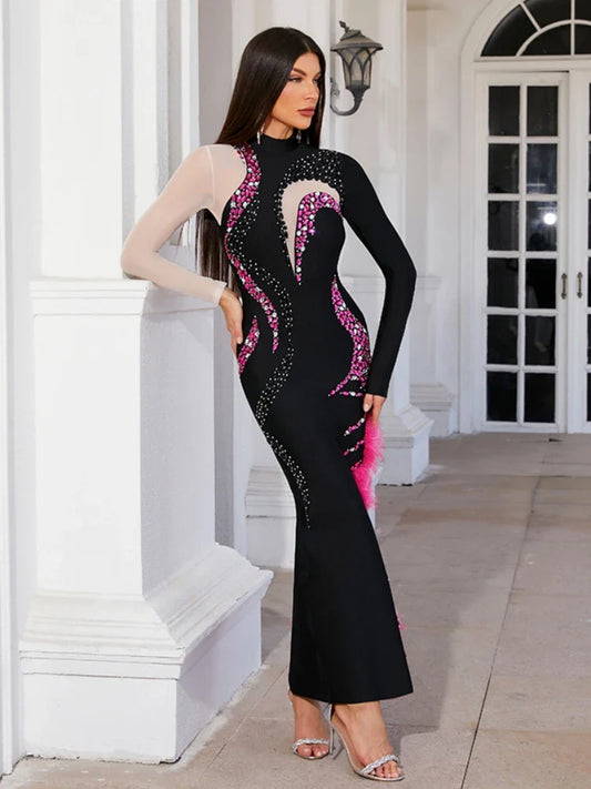 Black Long Sleeve Mesh Diamond Dress | Feather Split Bandage