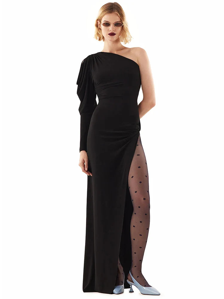 One-Shoulder Black Maxi Dress | Elegant Split Evening Gown