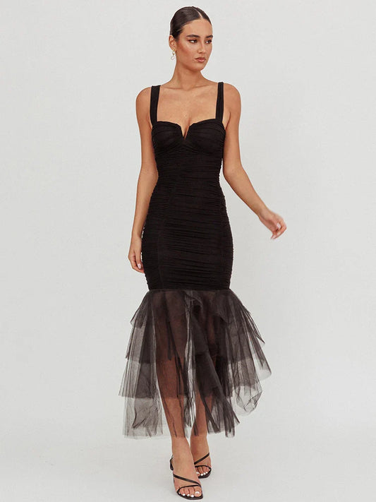 Black mesh hem mermaid dress styled for formal events