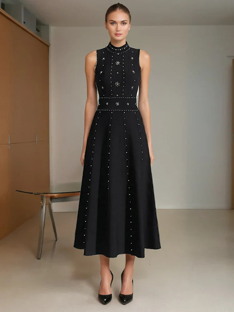 Black O Neck Beaded Backless Dress | Sleeveless Mid-Calf Gown