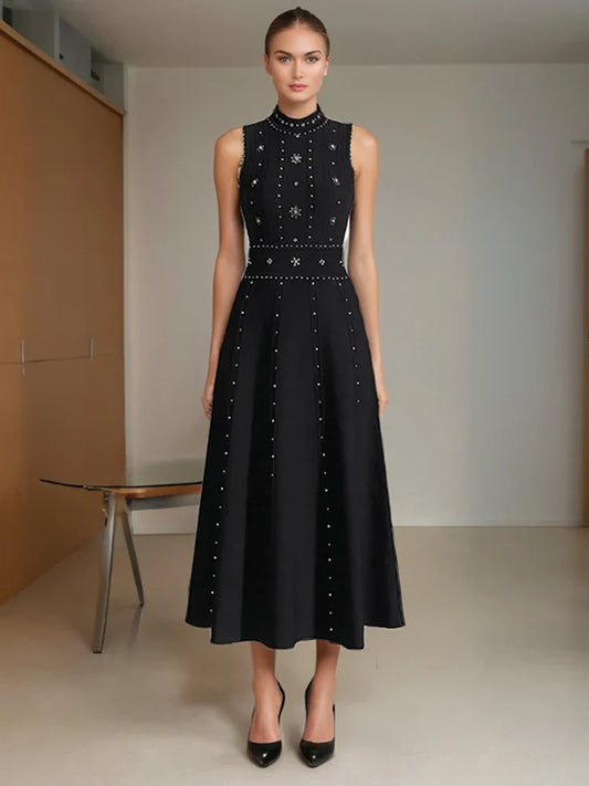 Black O Neck Beaded Backless Dress | Sleeveless Mid-Calf Gown