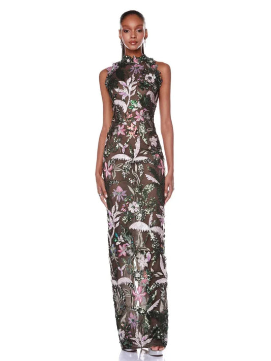 Black O Neck Embroidered Sequin Dress | Sleeveless Long Gown