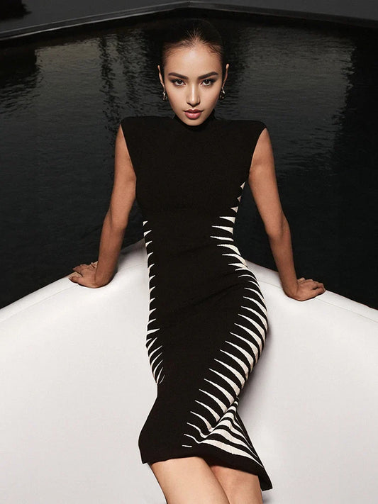 Black O Neck Patchwork Bandage Dress | Sleeveless Midi Gown