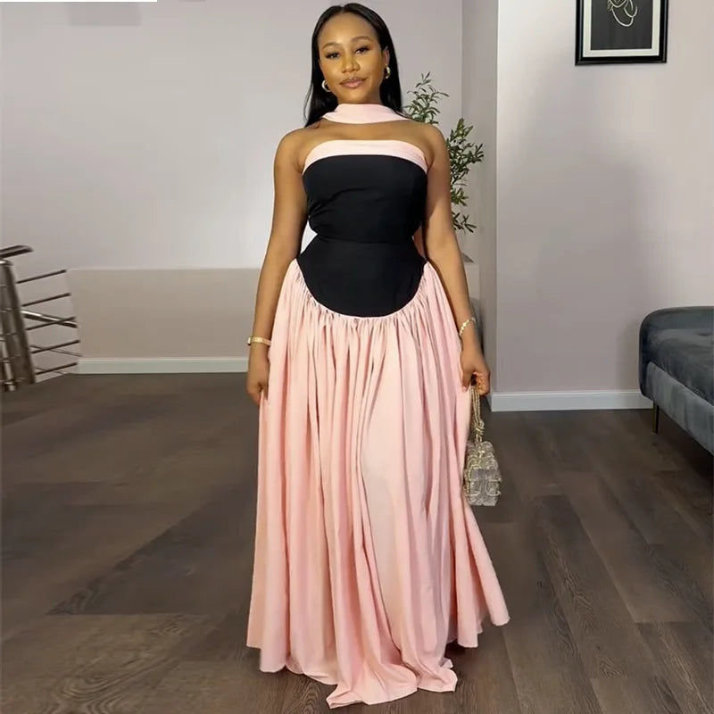 Black & Pink Patchwork Ball Gown | Halter Empire Maxi Dress