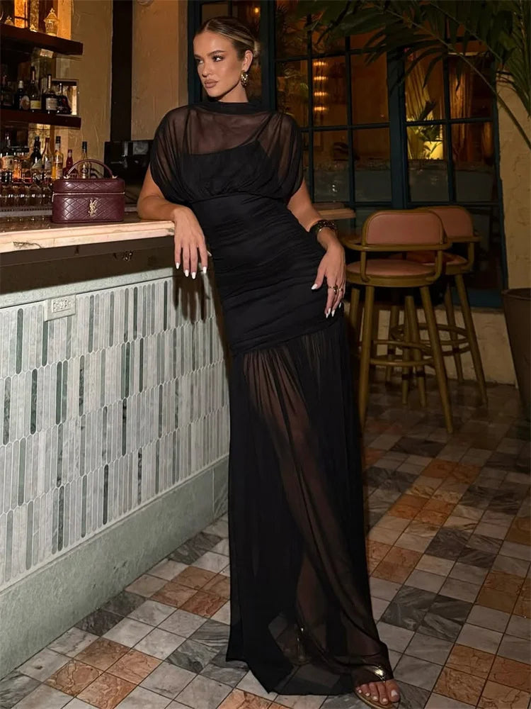Black See-Through Pleated Mesh Maxi Dress