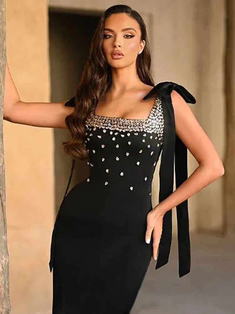 Black Rhinestone Bow Bandage Dress | Sleeveless Mini Gown