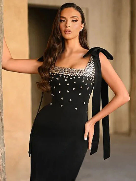Black Rhinestone Bow Bandage Dress | Sleeveless Mini Gown