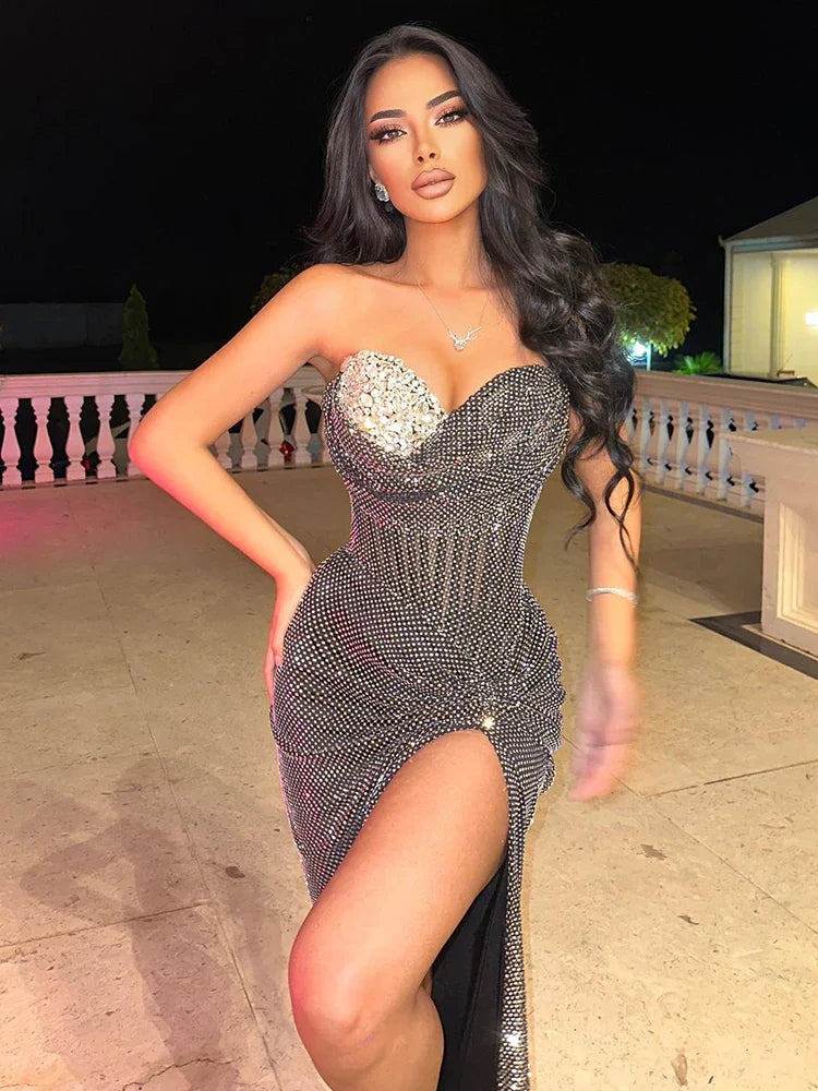Black Rhinestone Mermaid Dress | Strapless Crystal Slit Gown