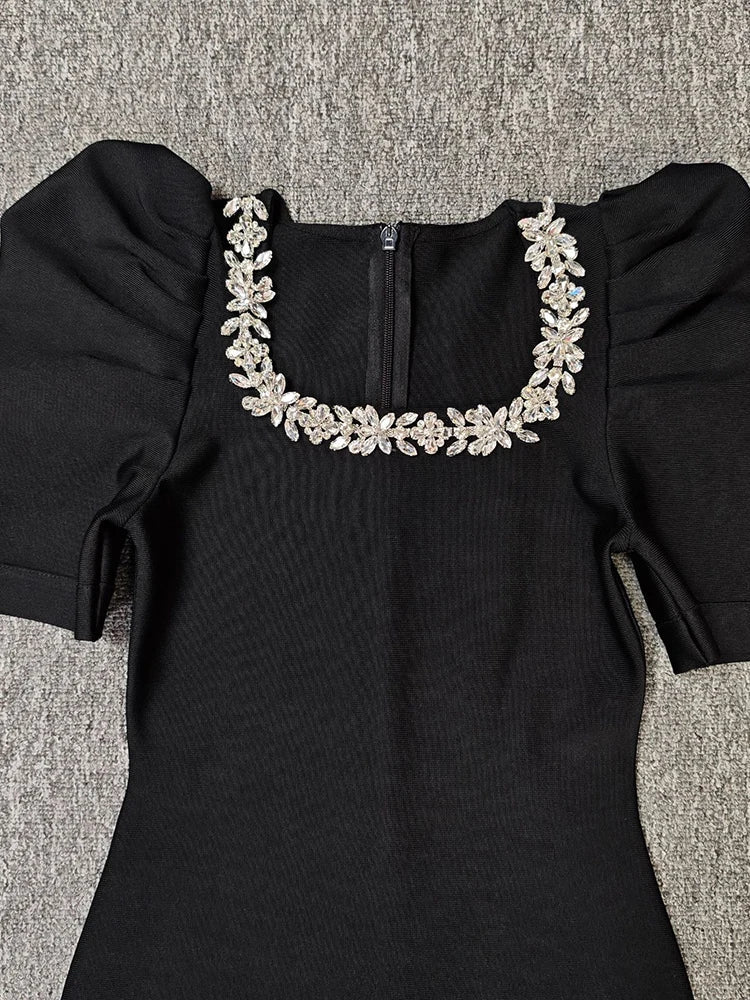 Diamond-Embellished Square Neck Mini Dress