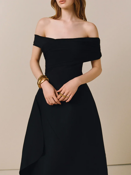Black Slash Neck Midi Dress | Elegant Folded Off-Shoulder Style