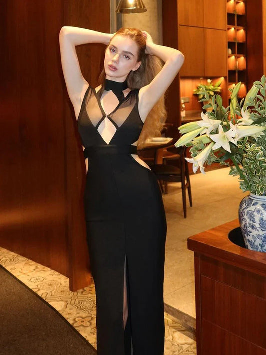 Black Mesh Patchwork Bandage Dress | Sleeveless Bodycon Gown