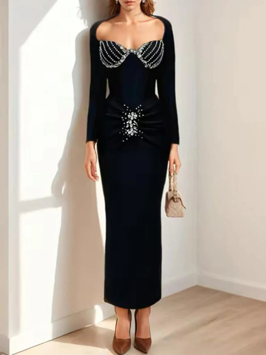 Black Square-Neck Diamond Patchwork Long-Sleeve Midi Dress