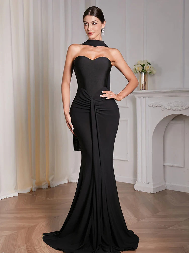 Black Strapless Draped Patchwork Maxi Dress