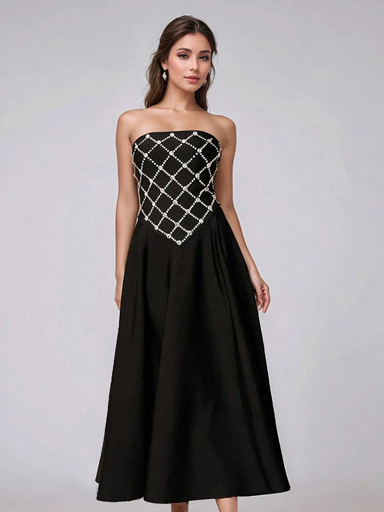 Black Strapless Rhinestone Bandage Dress | Sparkling A-Line Gown