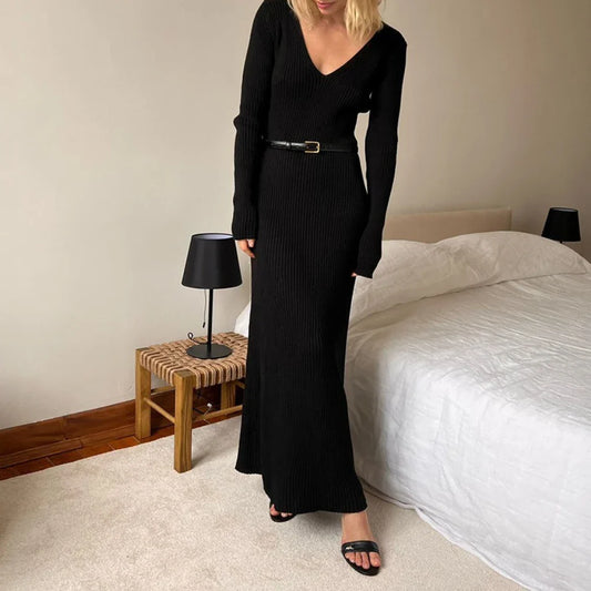 Black V-Neck Knit Maxi Dress | Belted A-Line for Autumn Nights