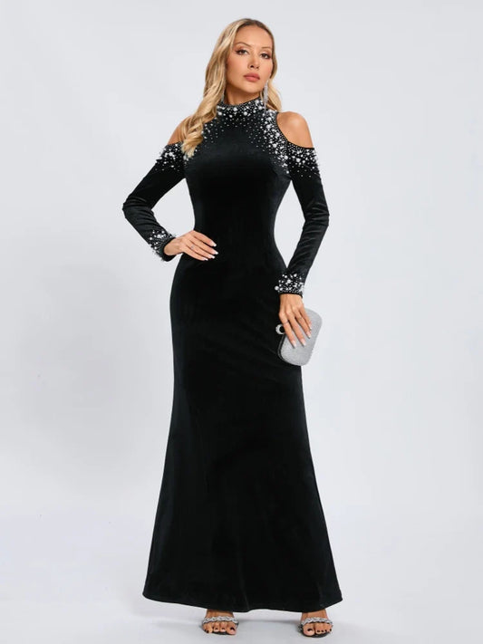 Black Velvet Beaded Pearl Dress | Off Shoulder Elegant Gown