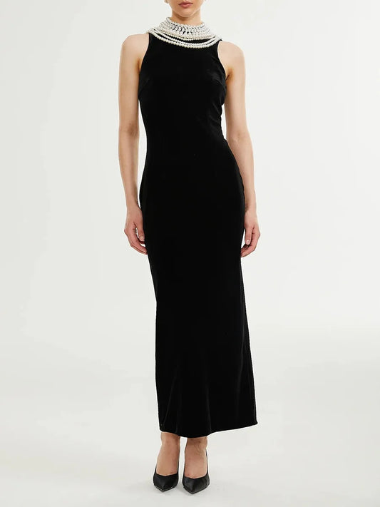 Black Velvet Maxi Dress with Draped Pearl Chain Back