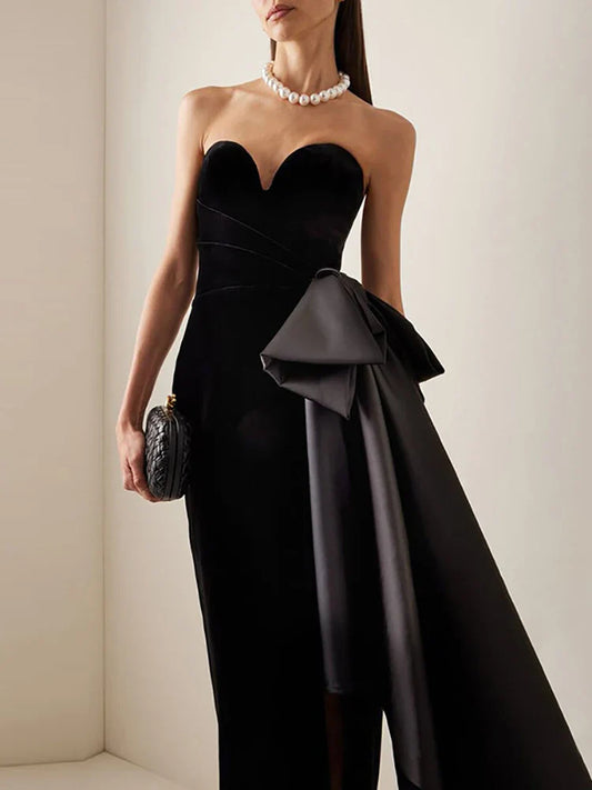 Black Velvet Strapless Bow Dress | Split Mid-Calf Evening Gown