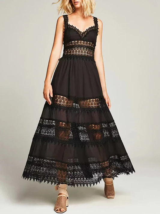 Black white lace patchwork dress styled with V neck and sling straps