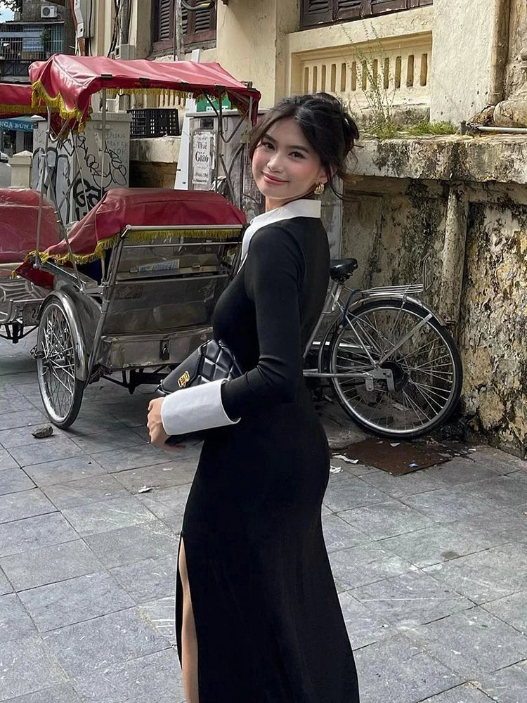 Black Collar Wrap Maxi Dress | Belted Patchwork Long Sleeve