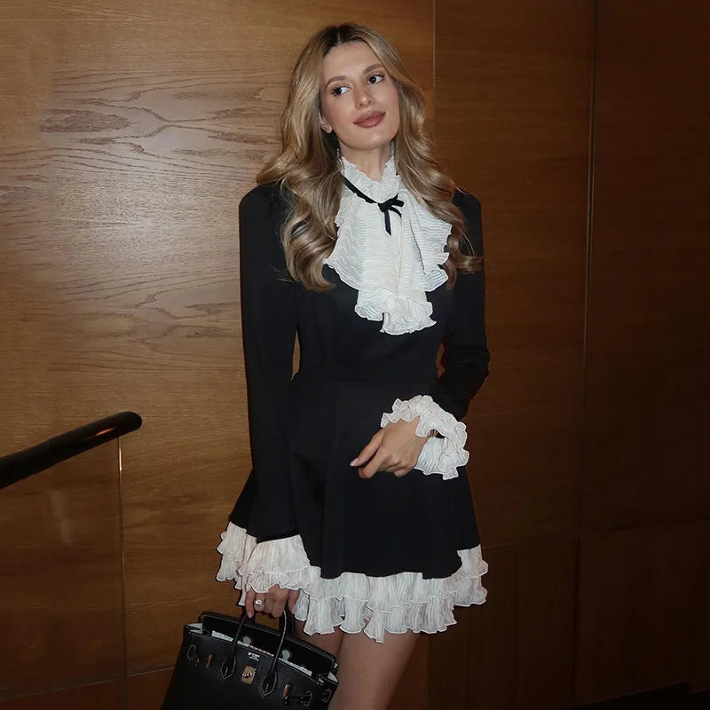 Black Ruffle Mini Dress | Retro White Contrast Party Style