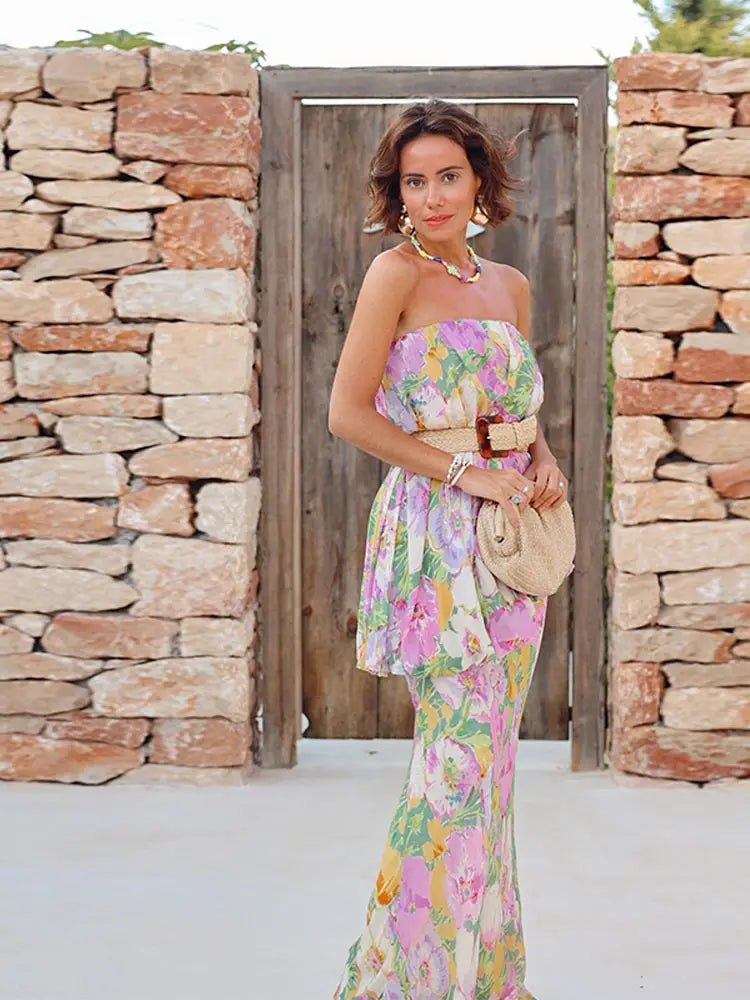 Strapless Floral Maxi Dress, Blouson Chiffon